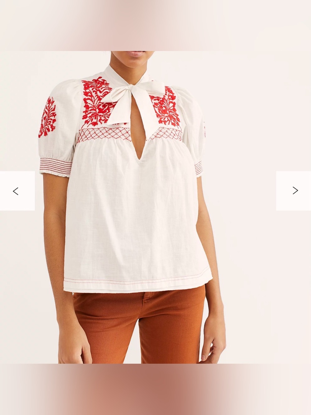 Free People Dreaming About You Tunic White Tie-Neck Embroidered Peasant Top